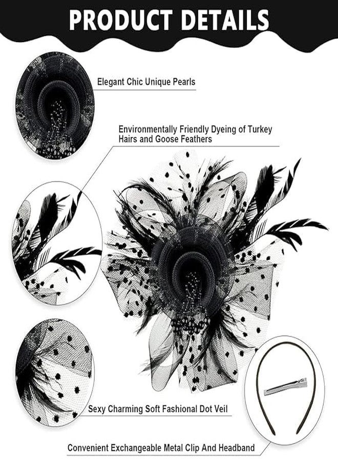 DMDENT Fascinator Hats for Women, Flower Feathers Headband Hat with Mesh Veil, Cocktail Tea Party Headwear, Vintage Ladies Hair Clip Fascinators for Party Wedding Halloween (Black) - Image 3